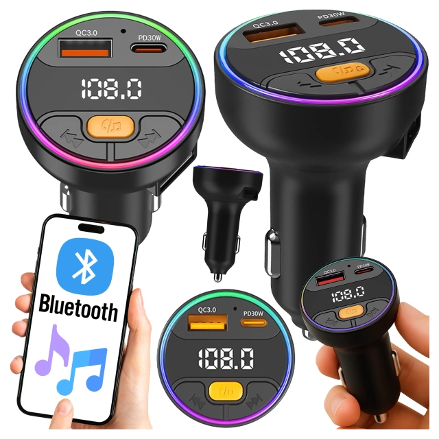 Transmiter samochodowy z Ładowarką Alogy PowerTune USB-A USB-C szybkie ładowanie PowerDelivery PD30W Quick Charge QC3.0 Czarny