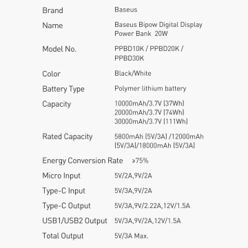 Powerbank mit Schnellladung Baseus Bipow 10000mAh 20W weiß (Overseas Edition) USB-A - Micro USB Kabel 0,25m weiß (PPBD050502)