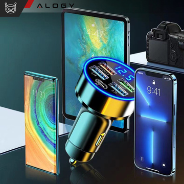 Autoladegerät 4x USB QC 3.0 USB C PD 20W LED schnell leistungsstark 250W für Alogy Autotelefon schwarz