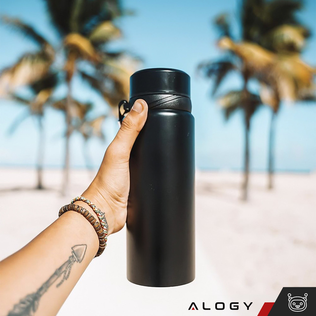 Termos butelka bidon termiczny 1l do kawy herbaty yerba mate z zaparzaczem sitko duży Alogy stal czarny