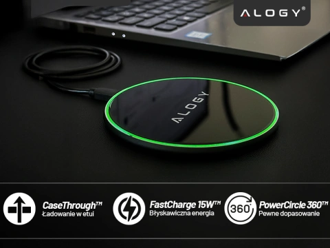 QI kabelloses induktives Ladegerät 15 W schnelle LED Alogy rund für iPhone USB-C-Kabel Schwarz