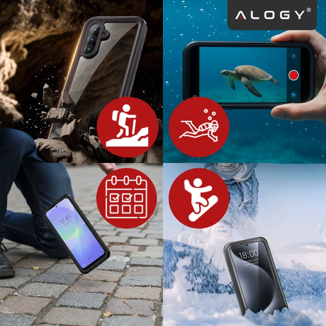 Etui Wodoodporne do Samsung Galaxy A56 5G 2025, Pancerna Obudowa 360° z Przezroczystym Tyłem, Alogy HydroArmor™ IP68 Case – Czarne