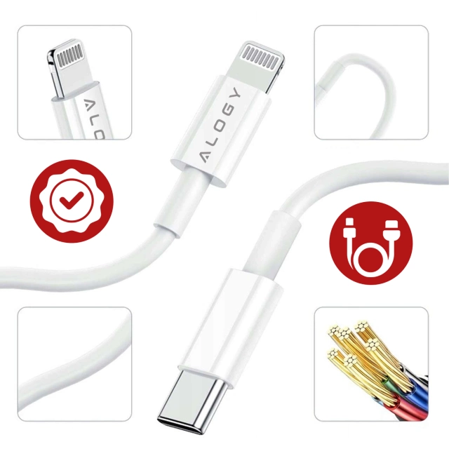 Ładowarka sieciowa Alogy szybka USB-C PD 20W + Kabel 1m przewód Lightning do iPhone Biały