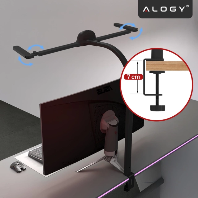 Lampa Biurkowa LED RGB do Monitora ze Składaną Konstrukcją, Regulowaną Jasnością i Pełnym Spektrum Światła, z Mocowaniem do Blatu, Ochrona Oczu, Alogy VisionBar™ – Czarna