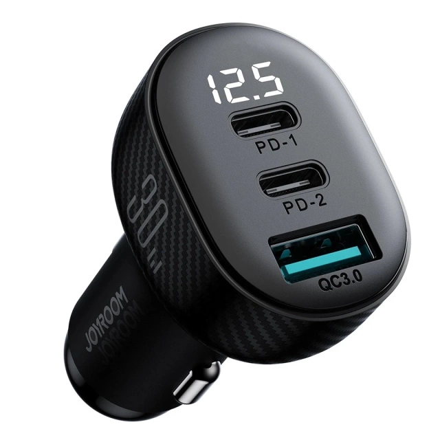 Ładowarka samochodowa Joyroom JR-CCD04 30 W 2× USB-C & USB-A z wyświetlaczem – czarna