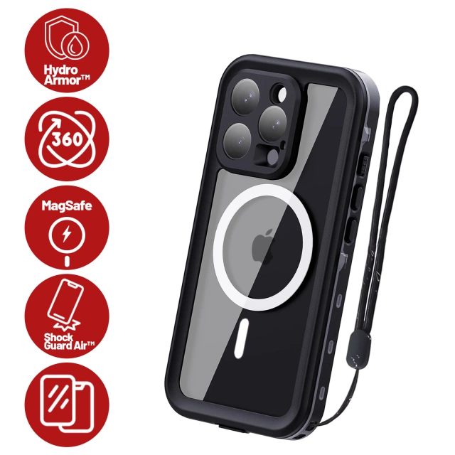 Etui Wodoodporne do Apple iPhone 15 Pro, Pancerna Obudowa 360° z Przezroczystym Tyłem, Kompatybilna z MagSafe, HydroArmor™ IP68 Case – Czarne