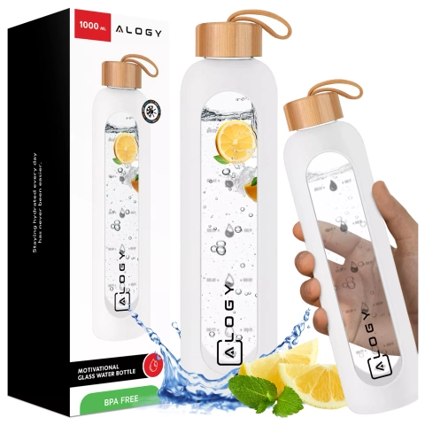 Große Glasflasche, Trinkflasche Alogy Motivational Messbecher 1l 1000ml, Silikonhülle Weiß