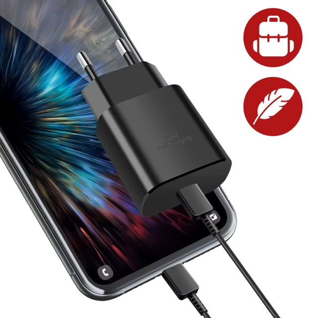 Ładowarka Sieciowa Oryginalna Samsung USB-C 25W + Kabel USB-C 1.8 m, Super Fast Charge, Szybkie Ładowanie, Zestaw Premium – Czarna