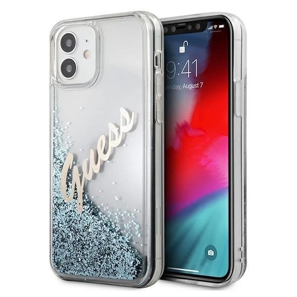 Guess GUHCP12SGLVSBL iPhone 12 mini 5,4" niebieski/blaue Hardcase Glitter Vintage Script