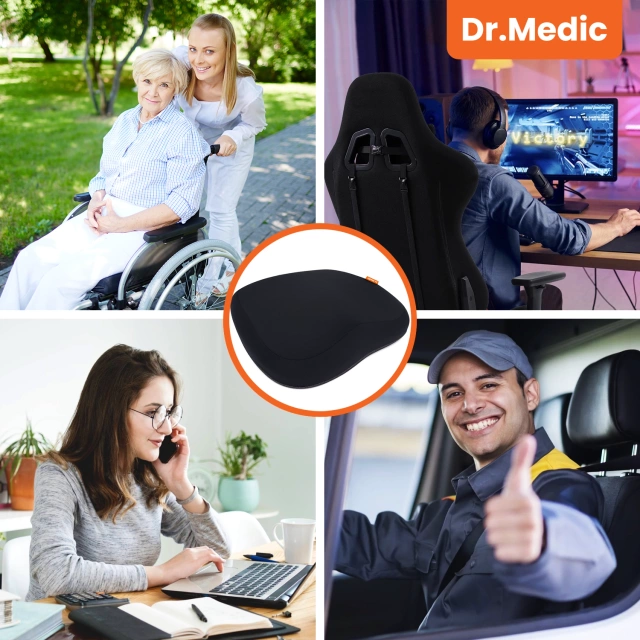 Poduszka na fotel DR.MEDIC ComfySeat™ Ergonomiczna siedzisko biurowe wsparcie kości ogonowej na krzesło do biura auta samochodu Czarna