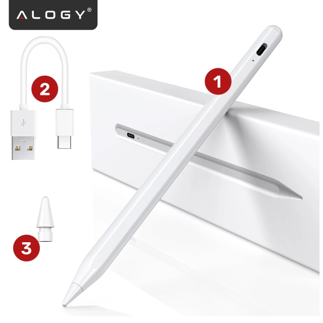 Rysik do Apple iPad Alogy Pencil z funkcją Palm Rejection Tilt Magnetyczny USB-C + zapasowa końcówka Biały