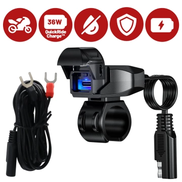 Ładowarka Motocyklowa Kewig USB-C 36W, Szybkie Ładowanie QC, Wodoodporna IP65 z Wyłącznikiem i Podświetleniem LED, Montaż na Kierownicy, do Telefonu, Kamerki, Interkomu – Czarna