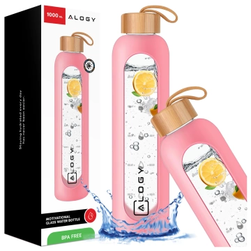Große Glasflasche Trinkflasche Alogy Motivational Messbecher 1l 1000ml Silikonhülle Pink