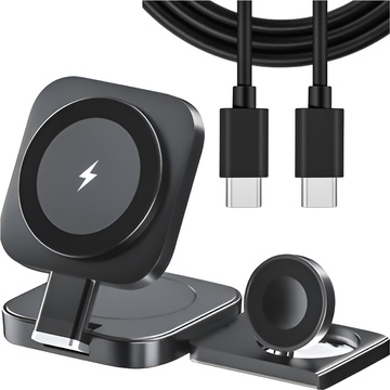 Qi Mag Safe 15W induktives Ladegerät für iPhone Apple Watch AirPods kabellose 3in1 Dockingstation schwarz