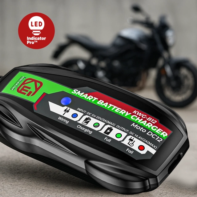 Ładowarka do Akumulatorów Motocyklowych Kewig B12 – Prostownik Mini z Podłączeniem do Akumulatora, USB-C z Gniazdka lub Powerbanku, Inteligentna z Zabezpieczeniami