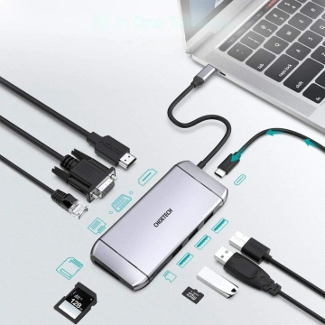 Choetech 9in1 multifunktionaler USB Typ C HUB - 3x USB 3.2 Gen 1 / SD- und TF-Kartenleser / HDMI 4K 30Hz / VGA Full HD 60Hz / USB Typ C / RJ45 grau (HUB-M15 grau)