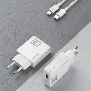 Dudao A30EUL GaN-Wandladegerät 30 W USB-A/USB-C-Kabel USB-C – Lightning – Weiß
