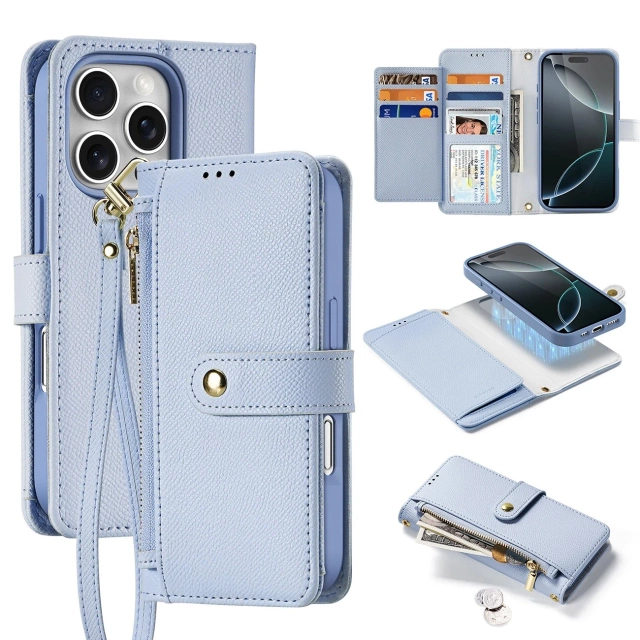 Dux Ducis Lawa iPhone 16 Pro Lederhülle mit blauem MagSafe Wallet