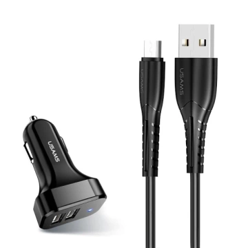 USAMS Ładowarka samochodowa 2xUSB C13 2,1A microUSB czarny/black NTU35MC13TZ