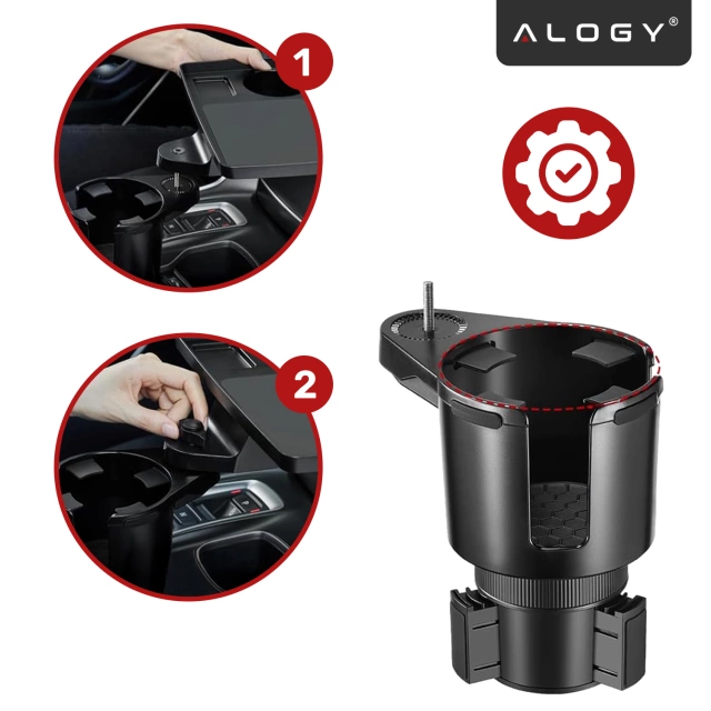 Uchwyt Samochodowy na Kubek i Butelkę Telefon z Obrotowym Stoliczkiem 360°, Mobilny Organizer 2w1, Alogy MultiUse Tray™ – Czarny