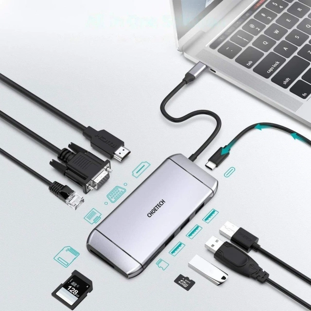 Choetech 9in1 multifunktionaler USB Typ C HUB - 3x USB 3.2 Gen 1 / SD- und TF-Kartenleser / HDMI 4K 30Hz / VGA Full HD 60Hz / USB Typ C / RJ45 grau (HUB-M15 grau)