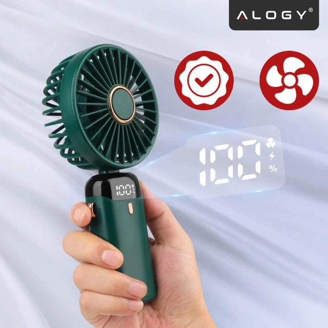 Wentylator Wiatrak Ręczny Bezprzewodowy, Przenośny i Biurkowy, z Uchwytem na Telefon, Ładowanie USB-C, Bateria 18650, Alogy CoolBreeze™ – Zielony