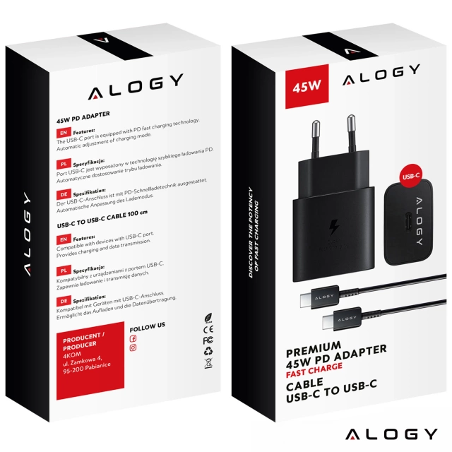 Ładowarka sieciowa USB-C typ C PD Premium szybka 45W 3A + Kabel Type-C 1M Alogy czarna