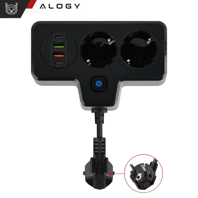 Rozgałęźnik gniazdka Alogy Plug Extender rozdzielacz adapter przedłużacz 2x wtyczka EU + 2x USB + 2x USB-C Czarny