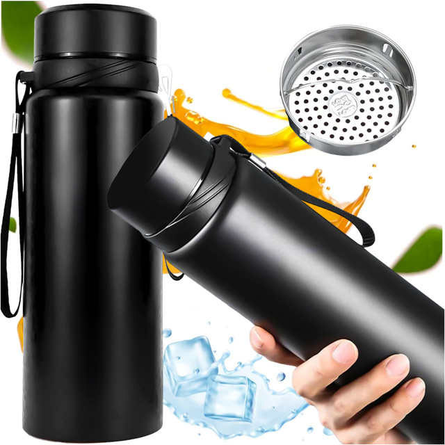 Termos butelka bidon termiczny 1l do kawy herbaty yerba mate z zaparzaczem sitko duży Alogy stal czarny + Szczotka do mycia