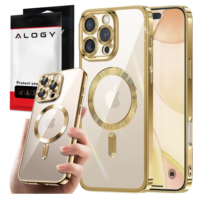 Etui MagSafe Case do Apple iPhone 16 Pro Alogy Glamour Luxury Ring obudowa złoto-przezroczyste + szkło hartowane