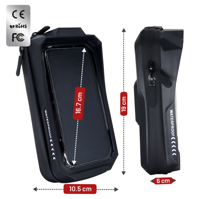 Uchwyt Motocyklowy Rowerowy Torba na Telefon do 7" Wodoodporna IP66 z Panelem Dotykowym, z wejściem na Kabel, Na Motocykl, Rower, Skuter, Hulajnogę, Kewig– Czarna