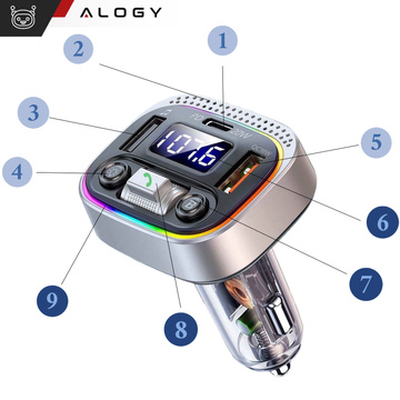 Bluetooth FM MP3 Autosender Schnellladegerät 2 x USB QC 3.0 USB-C C PD 20W LED RGB Alogy Car Silber
