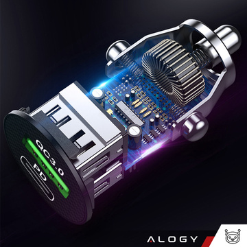 Autoladegerät 38 W USB QC 3.0 18 W USB-C C PD 20 W schnell und stark für Alogy Autotelefon schwarz USB-C-Kabel 1 m