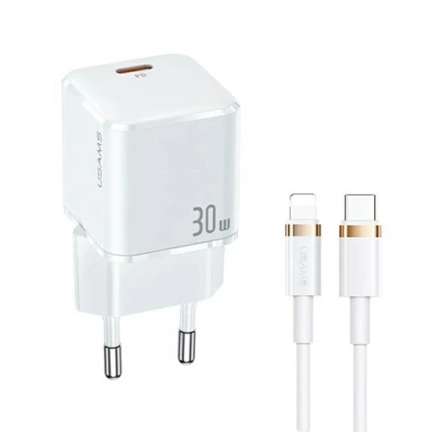 USAMS Wandladegerät 1x USB-C T45 30W PD3.0 Schnellladekabel U63 USB-C/Lightning white/white UXTZH02 (USAMS-UX)