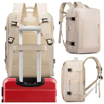 Wasserdichter Rucksack von Bange für Laptops bis 15,6 Zoll, ideal für Städtetrips, 46 x 31,5 x 20 cm, für Arbeit und Flugreisen, für Damen und Herren, mit USB-Anschluss, beige