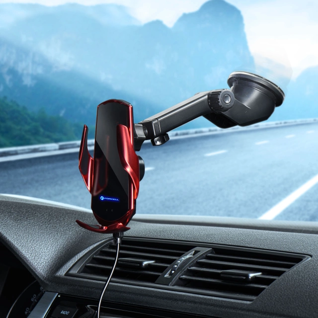 Uchwyt Samochodowy Ładowarka Forcell HS1 Auto IR Qi 15W Indukcja Czerwony