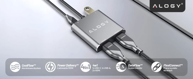Adapter HUB 4w1 Alogy przejściówka USB-C do 2x HDMI USB 3.0 USB-C szybkie ładowanie PowerDelivery PD 100W