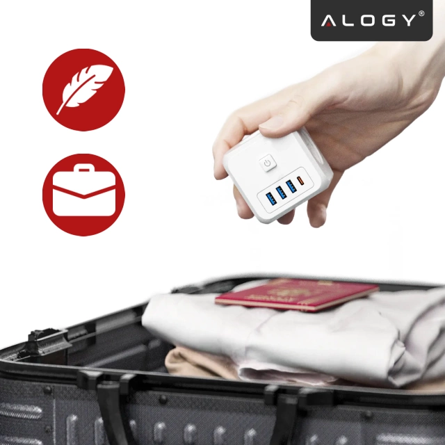 Rozgałęźnik sieciowy rozdzielacz Ładowarka adapter złodziejka 3 gniazdka EU 3x USB + USB-C C 7w1 Alogy Biały