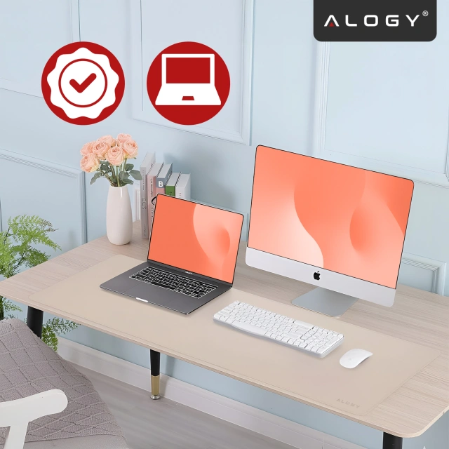 Podkładka na biurko 100×50 cm – antypoślizgowa mata ochronna z eleganckiej ekoskóry PU, pod mysz i klawiaturę, stylowa i trwała – Alogy WorkMat™ Beżowa