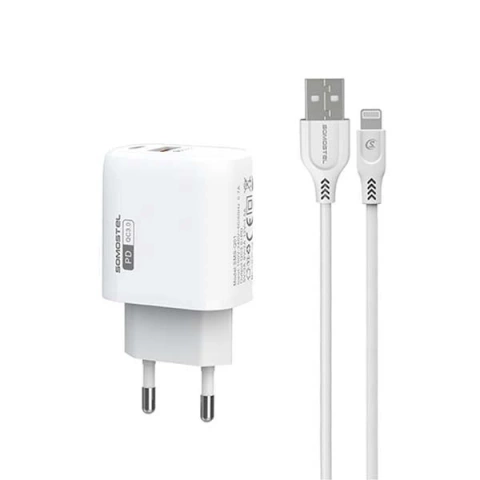 Ładowarka sieciowa 3A 18W USB, USB Typu-C + kabel do iPhone szybkie ładowanie SOMOSTEL QC3.0 SMS-Q01 Biały