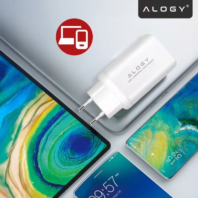 Ładowarka Sieciowa 3w1 z Technologią GaN3 65W, Szybkie Ładowanie PD i QC, Porty 2x USB-C 65W + USB-A 30W, Kompaktowa i Wydajna, Alogy GaNCharge Compact™ – Biała