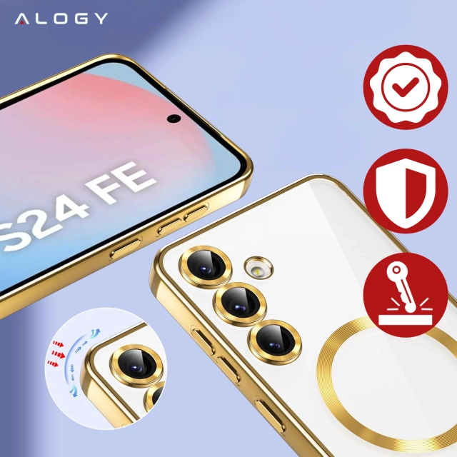 Etui do Samsung Galaxy S24 FE Alogy LuxeShield™️ Glamour Luxury Ring obudowa do MagSafe z osłoną aparatów Złote + szkło hartowane