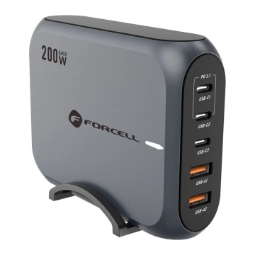 Forcell GaN III Desktop-Ladegerät 200 W 3 x USB-C 2 x USB-A PD QC SFC