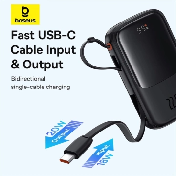 Baseus Qpow Pro 10000 mAh 22,5 W Powerbank mit integriertem USB-C-Kabel und Display – Schwarz
