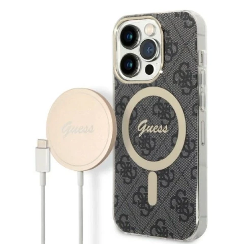 Zestaw Guess GUBPP14XH4EACSK Case Charger iPhone 14 Pro Max 6,7" Czarny/Black Hard Case 4G Print MagSafe
