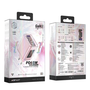 Acefast A45 GaN 65W 3-Port Ladegerät (1xUSB, 2xUSB-C) rosa