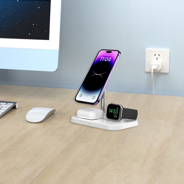 Ładowarka indukcyjna Qi Mag Safe 15W do iPhone Apple Watch AirPods 3w1 bezprzewodowa stojak podstawka biała