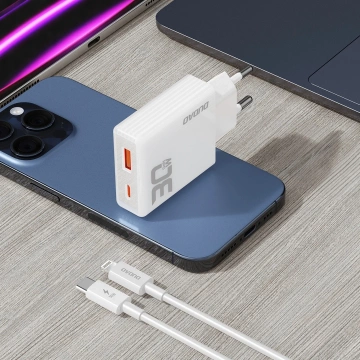 Dudao A30EUL GaN-Wandladegerät 30 W USB-A/USB-C-Kabel USB-C – Lightning – Weiß