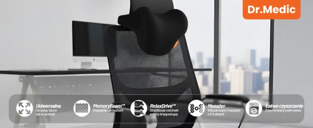 Poduszka samochodowa masująca na zagłówek – ergonomiczne wsparcie głowy, karku i szyi, elektryczny masażer z wibracjami dla kierowcy i pasażera – Dr.Medic RelaxDrive™