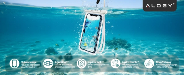 Etui Wodoodporne Uniwersalne IPX8 do Telefonów do 6.5", Wodoszczelna Ochrona na Plażę, Basen i Kajak, Dotykowy Front i Pasek na Szyję, Alogy HydroShield™ – Białe